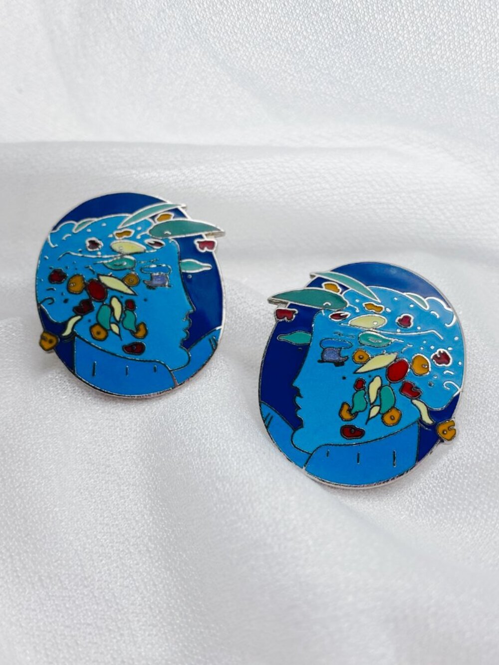 Peter Max 1989 Pop Art Psychedelic Colorful Enamel Human Profile Oval Earrings